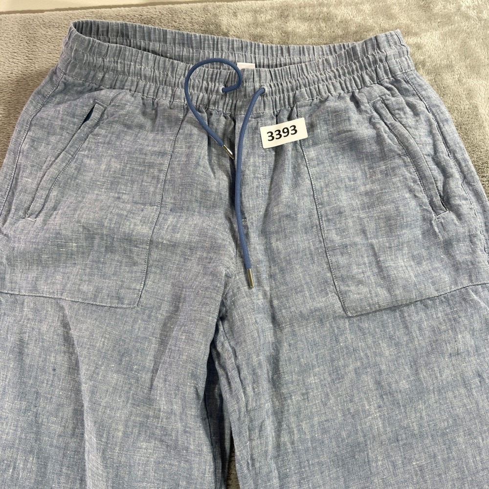 Athleta Pants Women 10P Blue Linen Wide Leg Drawstring Elastic Waist Petite